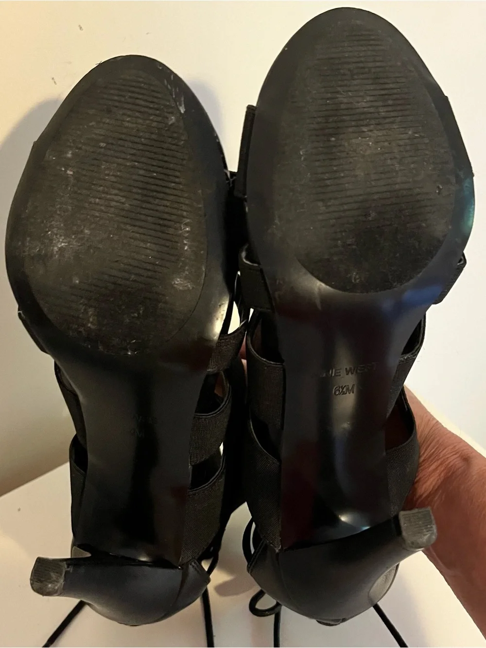 Nine West Black Strappy 3.5” Stiletto Heels Sexy Faux Lace Up Back  Sz 6.5